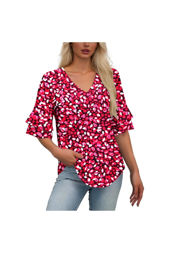 Womens Tops Plus Size Summer Loose-Fit Casual V-Neck Short-Sleeve Double-Layer Bell-Sleeve T-Shirt (Pull-Over ) Red XXL