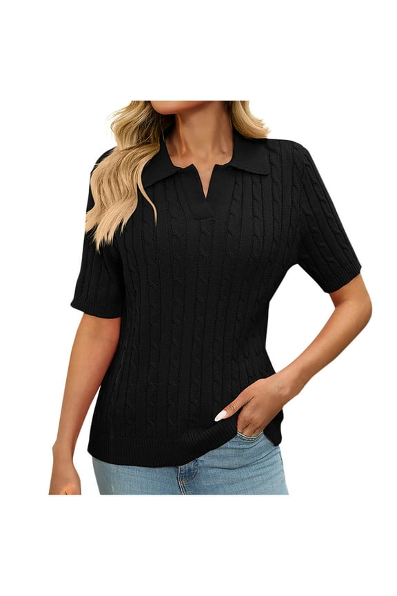 Womens Tops Plus Size Women's Solid Color Collared Short Sleeve Cable Knit Sweater Pullover Top Black XL
