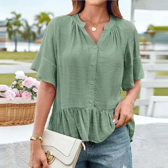 Homenesgenics Womens Tops Plus Size Women's V-Neck Ruffled Sleeve Button-Up Ruffled Hem Solid Color Loose Casual Top Short Sleeve V-Neck Top/Shirt Green L