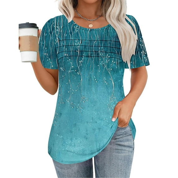 Homenesgenics Womens Tops under $10 Womens Tops Plus Size Women's New Short Sleeve Round Neck Pullover Chest Pleated Casual Print Tops Blue M
