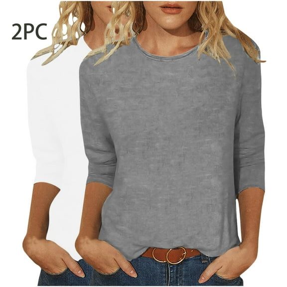 Homenesgenics Womens Tops under $5 Fall Clothes Women's New Trendy Solid Loose T-shirt Mid-length 3/4 Sleeves Blouse Round Neck Casual Tops Gray M