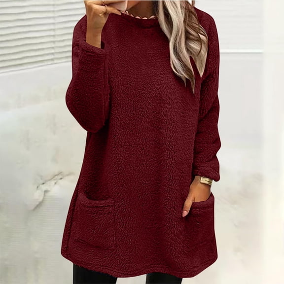 Homenesgenics Womens Tops under $5 Women's Round-Neck Winter Loose Solid Pocket Warm Long Sleeve Blouse Tops Red XL