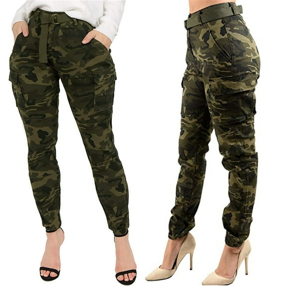 Homenesgenics Womens Trousers Wide Leg Pants for Women Blue Women's High Waist Slim Fit Jogger Cargo Camouflage Pants for with Matching Belt