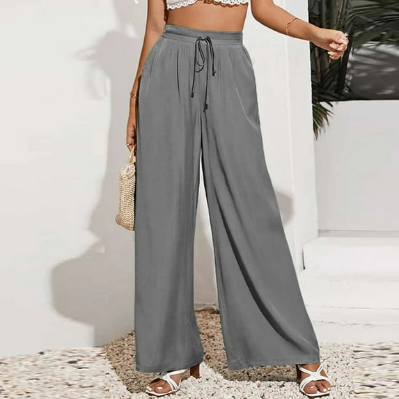 Homenesgenics Womens Trousers Yoga Pants Petite Blue Fashion Women Summer Casual Loose Pocket Solid Trousers Wide Leg Pants