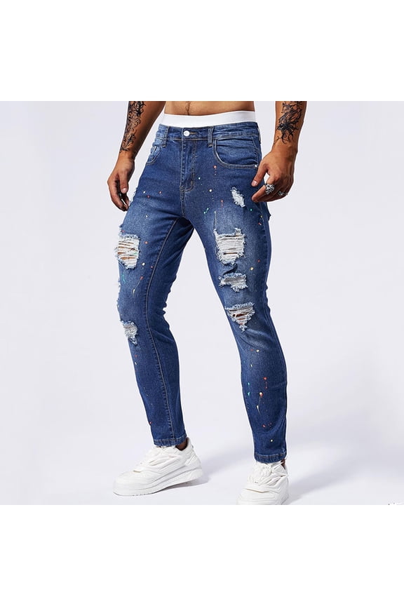 Work Pants for Men Slim Fit Casual Fashion Perforated Paint Dots Pocket Stretch Elastic Tight Fitting Small Leg Denim Pants Jean Denim Pants Blue 32
