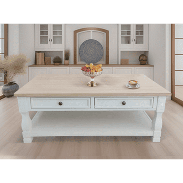 Homeness Coffee Table with Drawers, Modern Farmhouse Living Room Coffee Table, Solid Wood Square Tea Table with Storage for Lounge, Bedroom, Cream