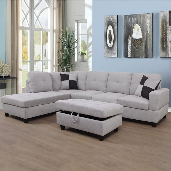 Homeness L-Shaped Sectional Couch with Storage Ottoman, Flannel 3-Piece Modular Sofa Set for Living Room, Grey