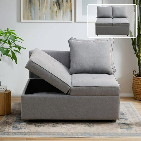 Homeness Loveseat with Storage Convertible Ottoman Sofa Bed Fold Out Design,Modern Sackcloth Futon Couch with 2 Pillows,2 Seater Loveseat,Single Recliner for Living Room Apartment Office,Grey