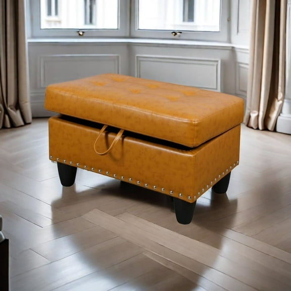 Homeness Square Storage Ottoman with PU Leather, Foot Rest for Couch, Modern Ottoman with Storage for Living Room, Ginger