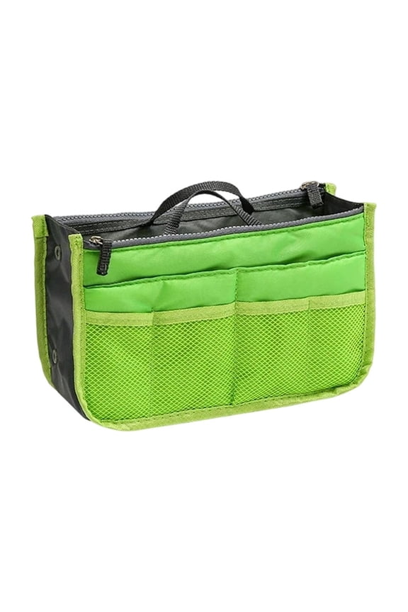 Multifunctional Liner Bag Double Zip Pouch with Clear Mesh Pockets Purse Organizer Insert for Travel Makeup Green