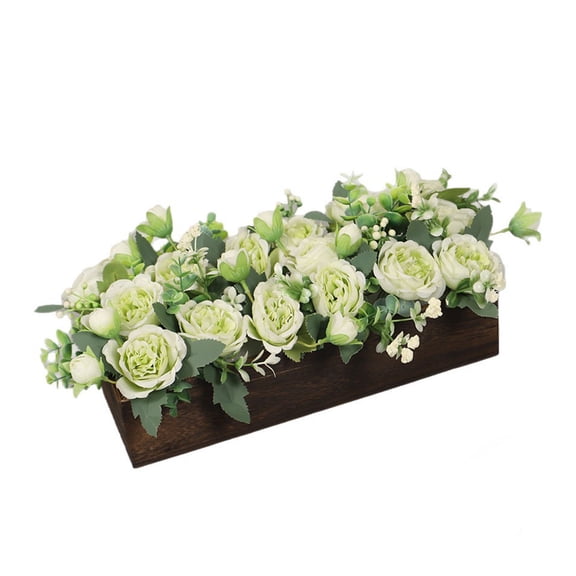 Homenest Pre-Made Artificial Rose Flower Arrangement in Wooden Box, Faux Floral Centerpiece with Multi-Tone Roses for Home Window Desk & Wedding Decor Green