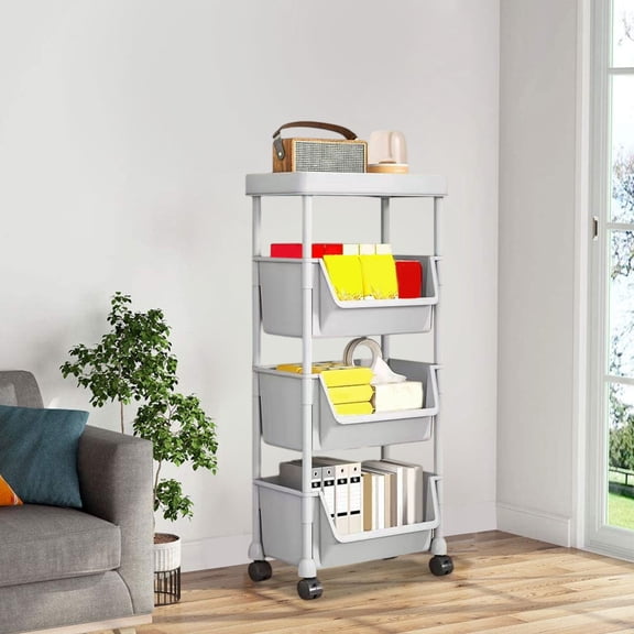 Homenest Storage Cart, Rolling Cart with 3 Baskets and Wheels, Multifunctional Utility Cart and Mobile Desk Cart for Dorm, Kitchen, Living Room, White