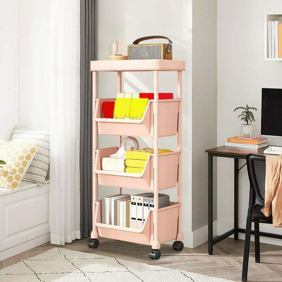 Homenest Storage Cart, Rolling Cart with 3 Baskets and Wheels, Multifunctional Utility Cart and Mobile Desk Cart for Dorm, Kitchen, Living Room, White