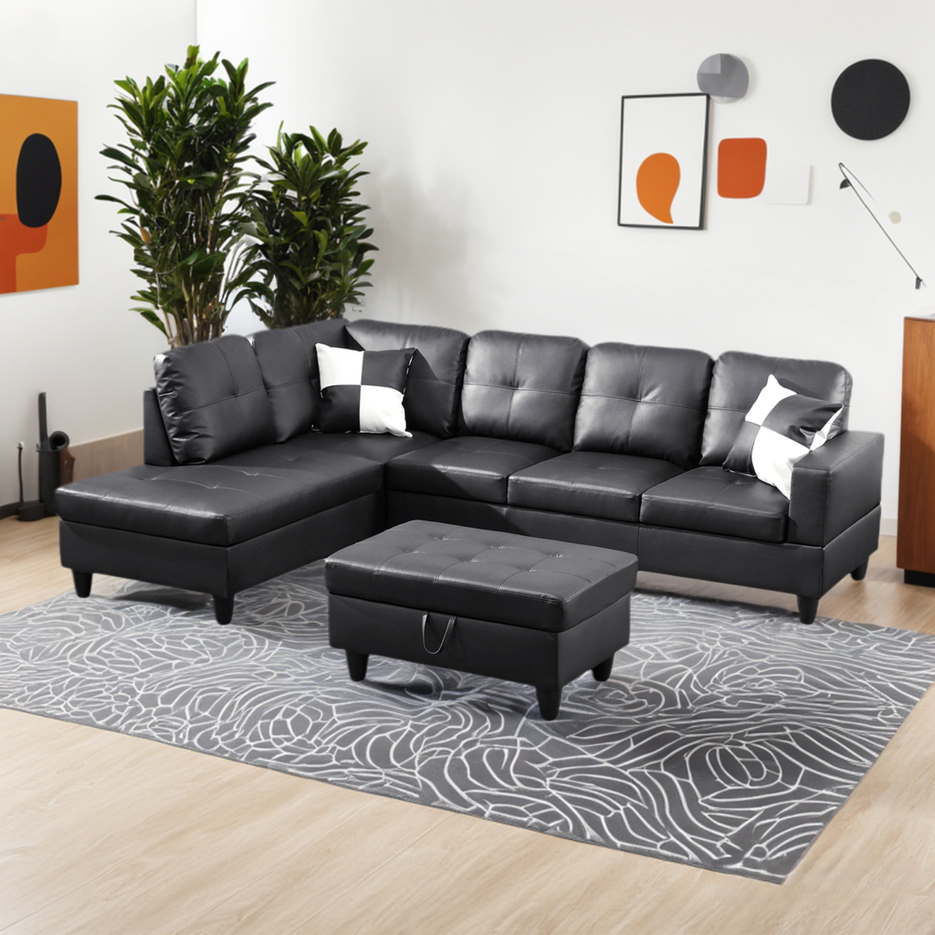 Homeora 3-Piece Piece Couch Living Room,Faux Leather Sofa Set,Faux Leather Sofa Set,L-Shaped Sectional Sofa,Right Facing Chaise Couch Living Room,Black