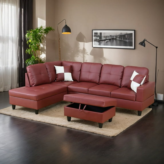 Homeora 3-Piece Piece Couch Living Room,Faux Leather Sofa Set,Faux Leather Sofa Set,L-Shaped Sectional Sofa,Right Facing Chaise Couch Living Room,dark red