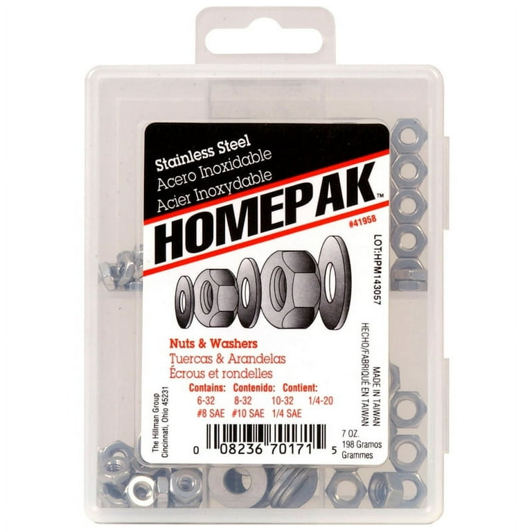 Homepak Assorted in. Stainless Steel SAE Nuts and Washers Kit 100 pk Homepak Assorted in. Stainless Steel SAE Nuts and Washers Kit 100 pk