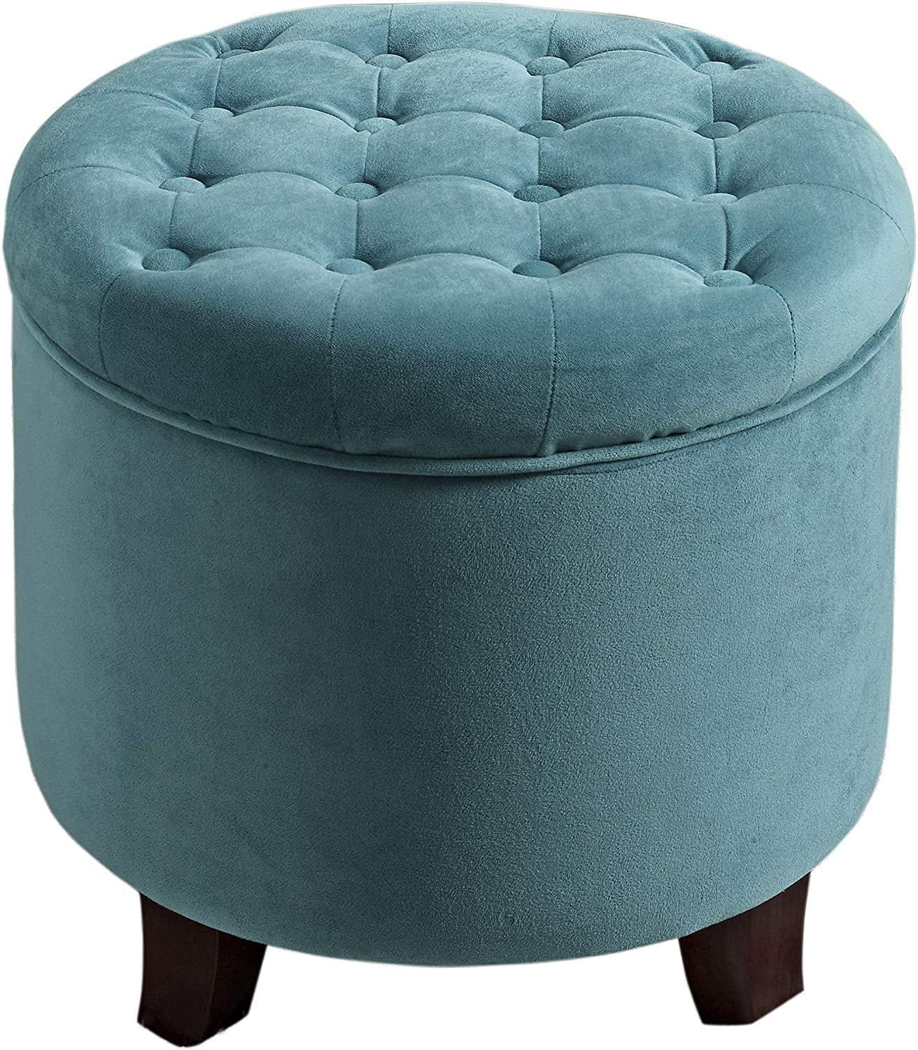 Teal Velvet Tufted Round Ottoman with Rustic Wood Legs