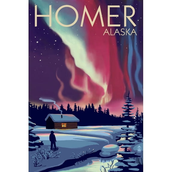 Homer, Alaska, Northern Lights and Cabin (16x24 Giclee Gallery Art Print, Vivid Textured Wall Decor)
