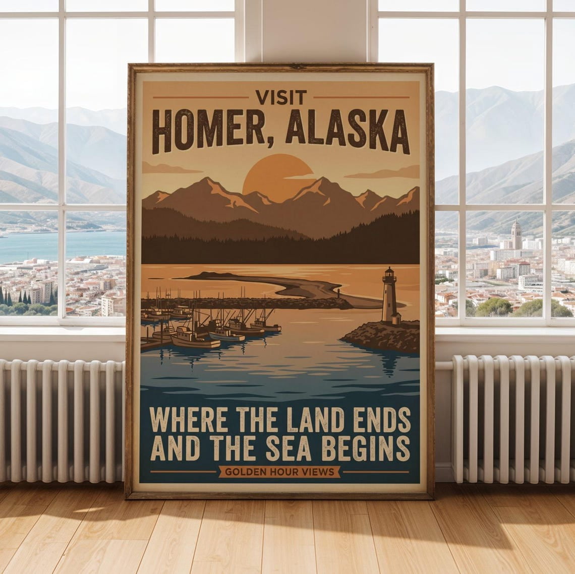 Homer Alaska Wall Art Print, Golden Yellow Deep Navy Retro Travel ...