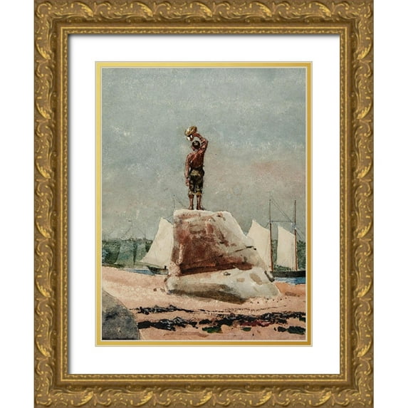 Homer, Winslow 12x14 Gold Ornate Wood Framed with Double Matting Museum Art Print Titled - Boy Hailing Schooners