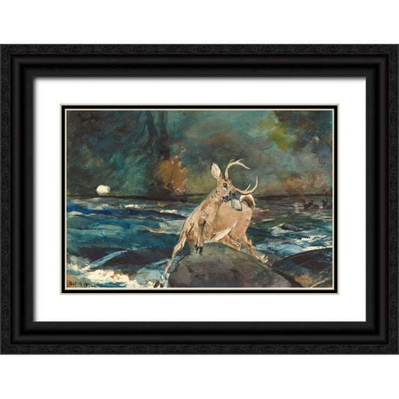 Homer, Winslow 14x11 Black Ornate Wood Framed with Double Matting Museum Art Print Titled - A Good Shot, Adirondacks