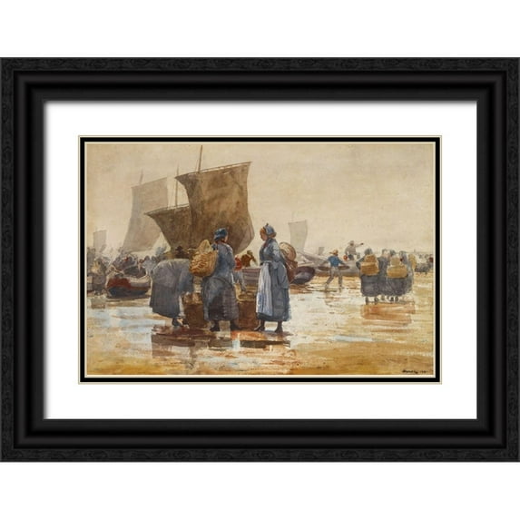 Homer, Winslow 14x11 Black Ornate Wood Framed with Double Matting Museum Art Print Titled - Fisherfolk on the Beach at Cullercoats
