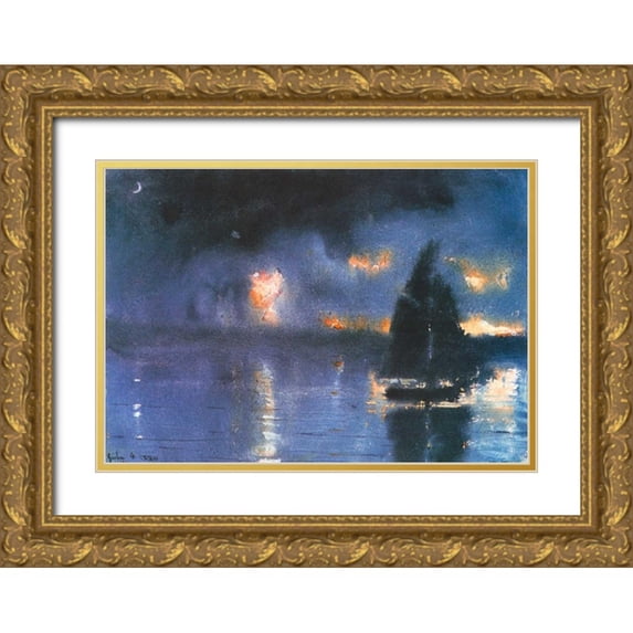 Homer, Winslow 14x11 Gold Ornate Wood Framed with Double Matting Museum Art Print Titled - Sailboat And Fourth Of July Fireworks