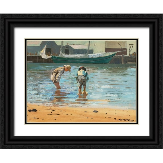 Homer, Winslow 14x12 Black Ornate Wood Framed with Double Matting Museum Art Print Titled - Boys Wading