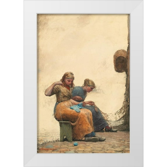 Homer, Winslow 17x24 White Modern Wood Framed Museum Art Print Titled - Mending the Nets