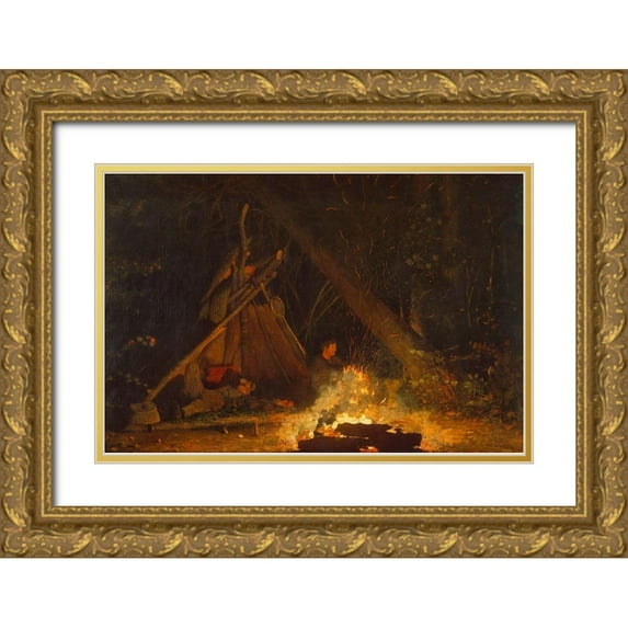 Homer, Winslow 18x13 Gold Ornate Wood Framed with Double Matting Museum Art Print Titled - Camp Fire