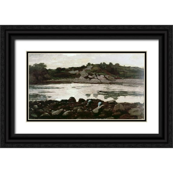 Homer, Winslow 24x15 Black Ornate Wood Framed with Double Matting Museum Art Print Titled - Fisherman on Rocks