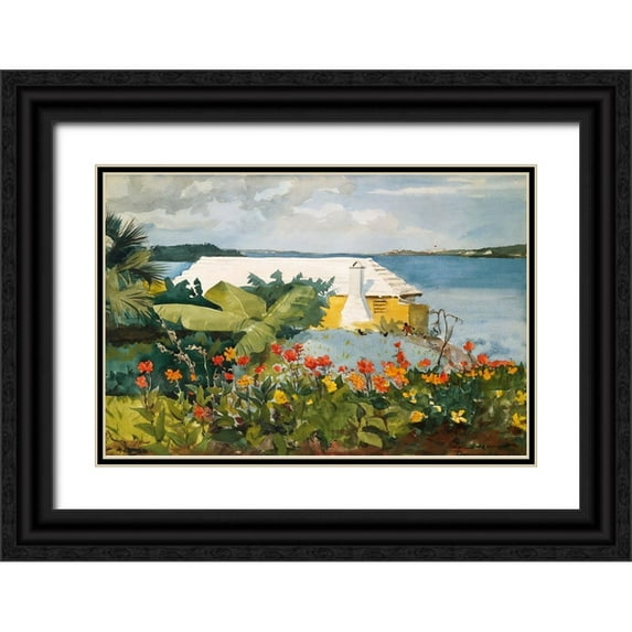 Homer, Winslow 24x17 Black Ornate Wood Framed with Double Matting Museum Art Print Titled - Flower Garden and Bungalow, Bermuda