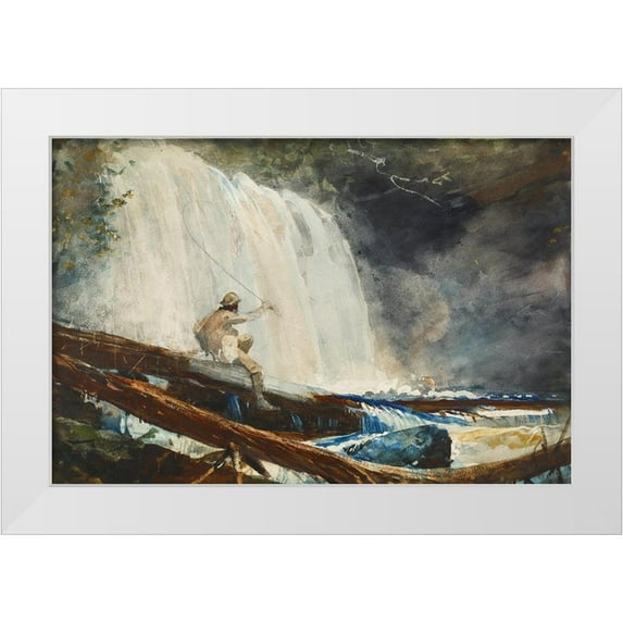 Homer, Winslow 24x17 White Modern Wood Framed Museum Art Print Titled - Waterfall in the Adirondacks
