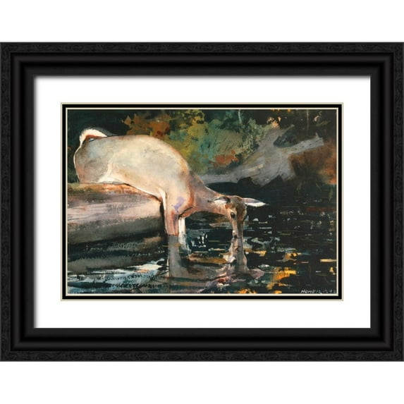 Homer, Winslow 32x23 Black Ornate Wood Framed with Double Matting Museum Art Print Titled - Deer Drinking