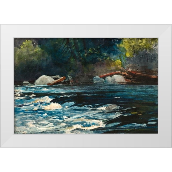 Homer, Winslow 32x23 White Modern Wood Framed Museum Art Print Titled - The Rapids, Hudson River, Adirondacks