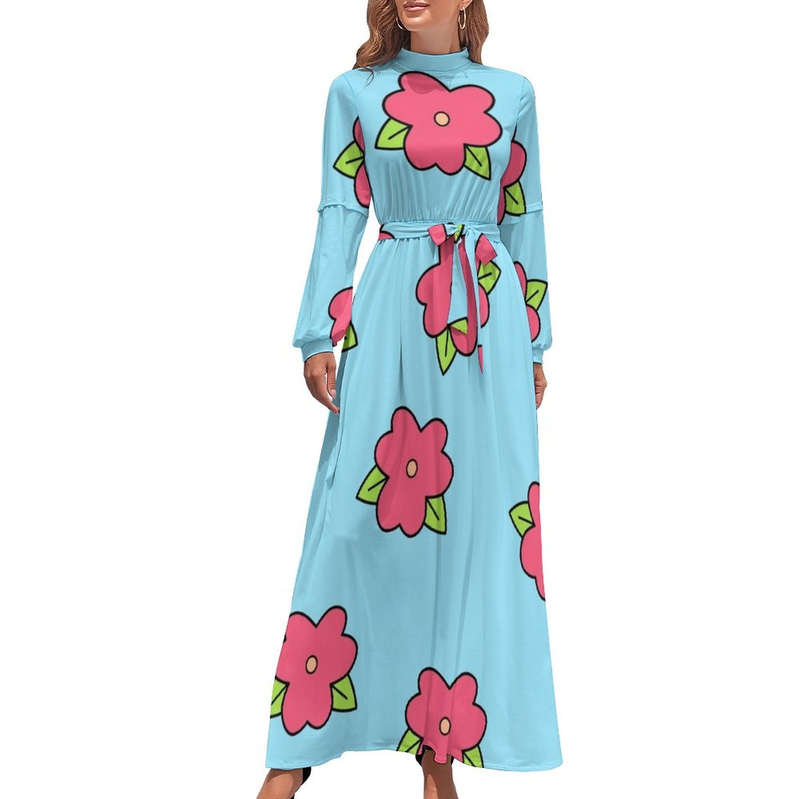 Cream Flower Lei Print Elegant Long Pleated Lace Hawaiian Dress 2034 main image 1