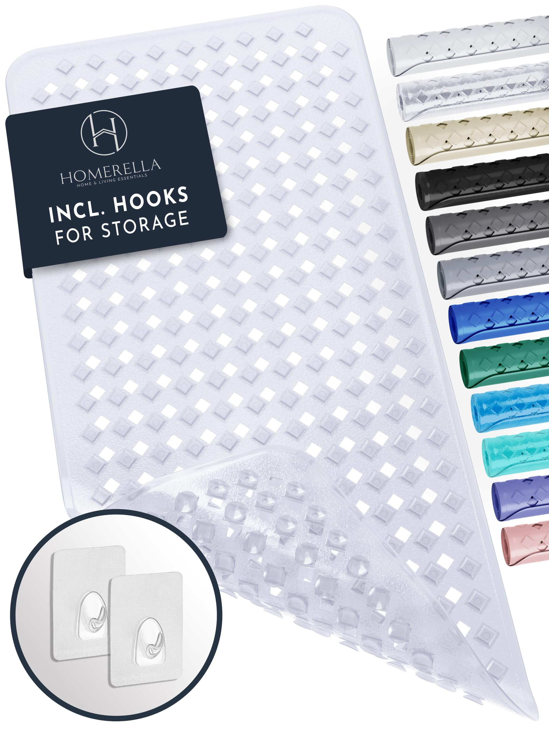 Clear Vinyl Non-Slip Rectangular Bath Mat with Hooks
