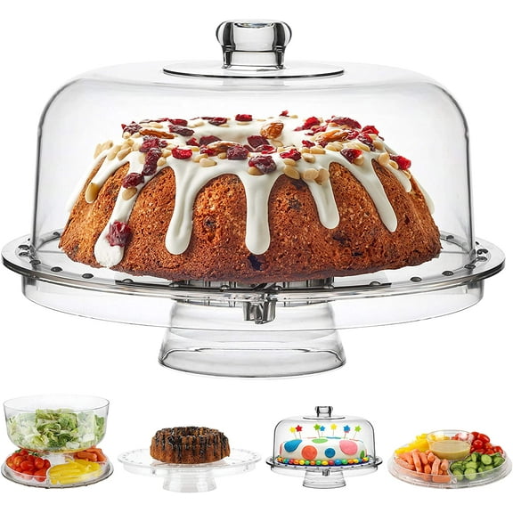 Homeries Cake Stand with Dome Cover (6 in 1) Multi-Functional Serving Platter and Cake Plate - Use as Cake Holder, Salad Bowl, Platter, Punch Bowl, Desert Platter, Nachos & Salsa Plate, (Acrylic)