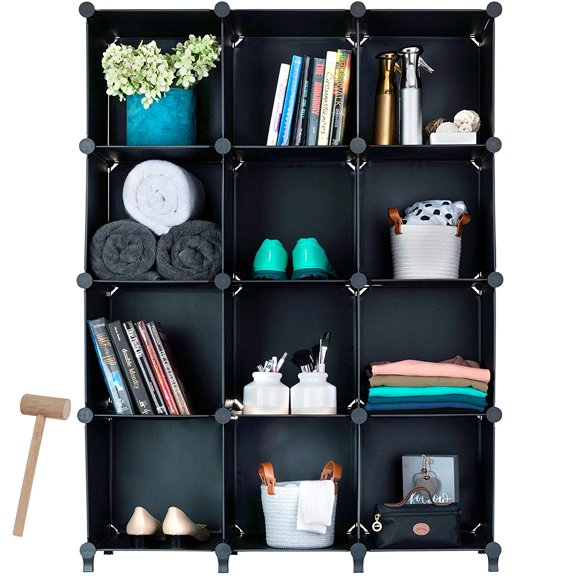 Homeries Cube Storage System (12 Cubes) – Modular DIY 12-Cube Plastic Closet Organizer Rack, Storage Shelves, Bookshelf, Bookcase for Bedroom, Office, Dorm Room, College, Living Room - Black