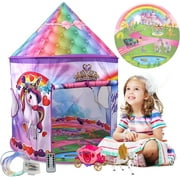 Homeries Unicorn Kids Tent - Sturdy, Large Play Tent Castle Set with Unicorn Chariot Toy & 8 Modes of Mystical LED Lights