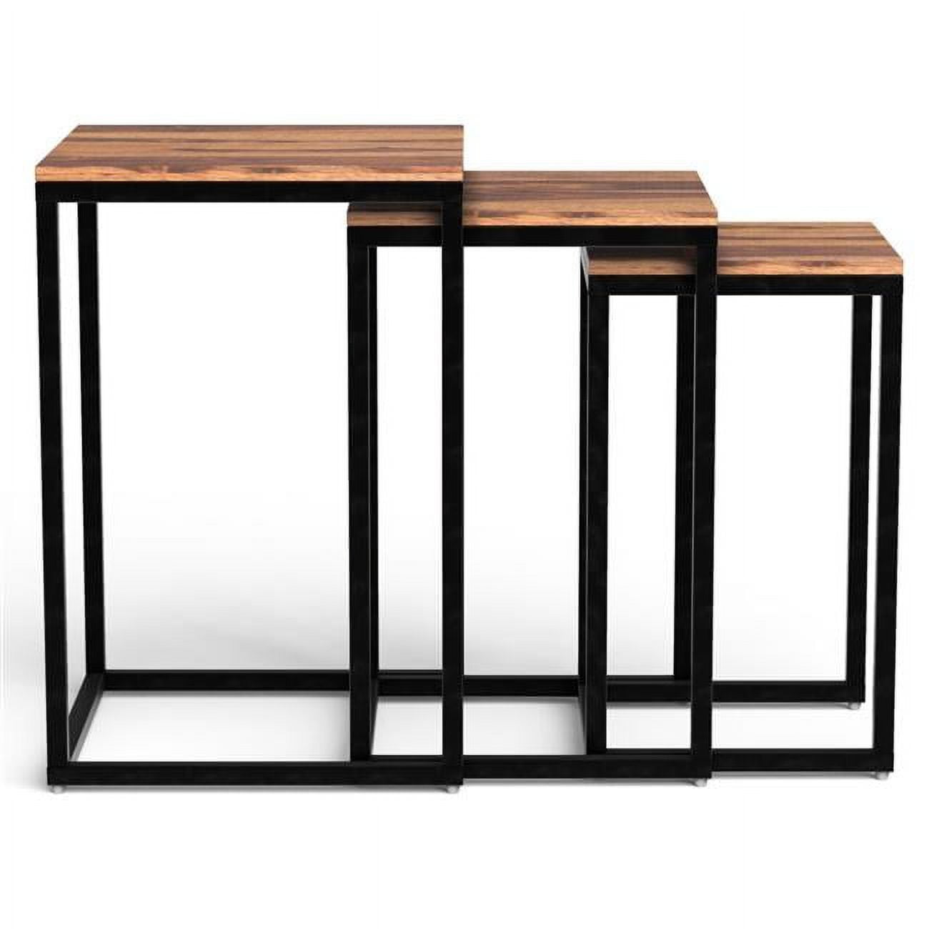 Sheesham Wood Square Nesting End Tables with Black Metal Legs, Set of 3