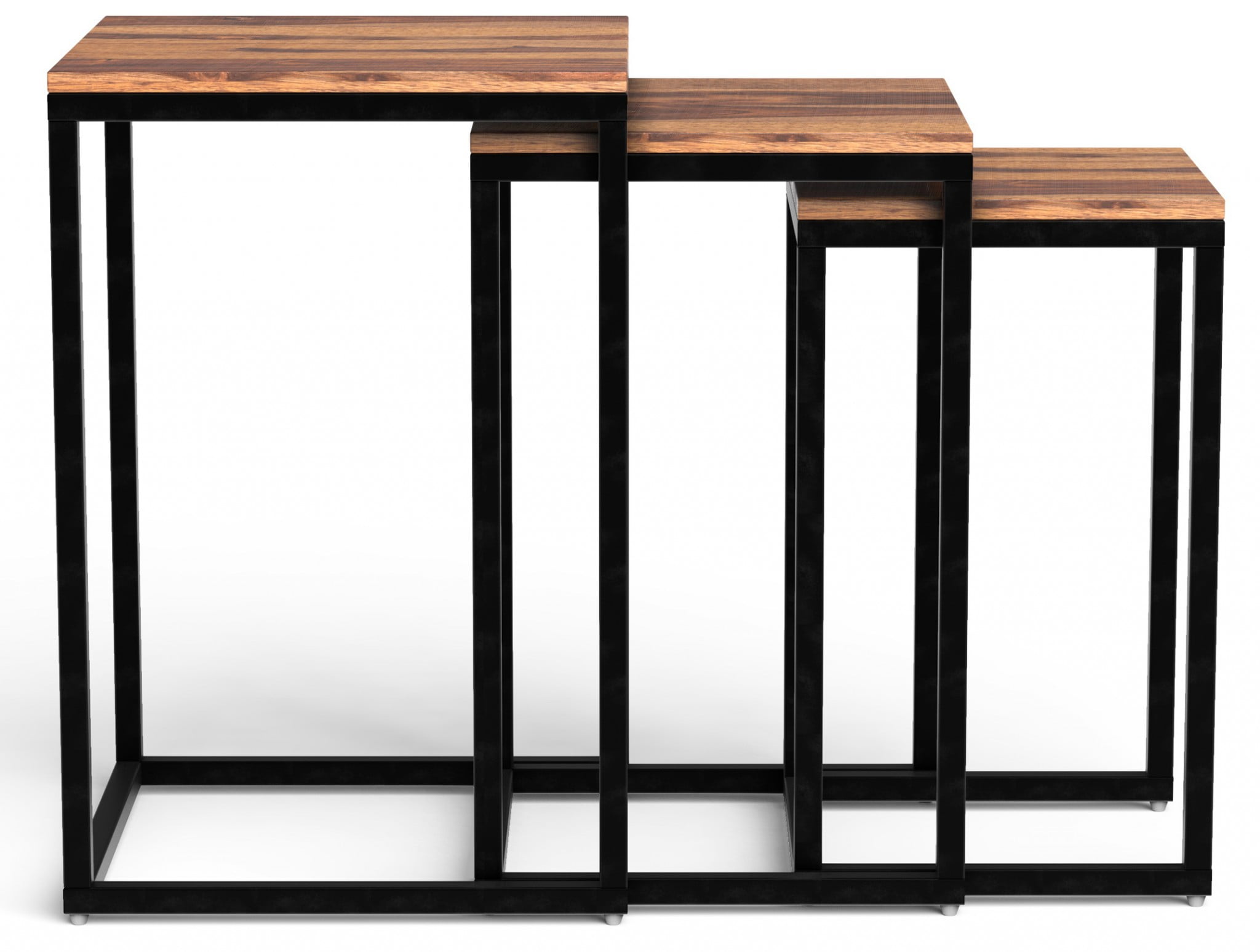 Sheesham Wood Square Nesting End Tables with Black Metal Legs, Set of 3