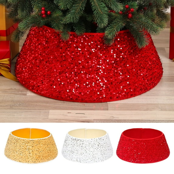 Homerr Christmas Tree Skirt Alternative Tree Collar For Christmas Tree Merry Christmas Tree Skirt Red Sequins Tree Base Collar Box Decorative Props for Holiday Decoration New Year