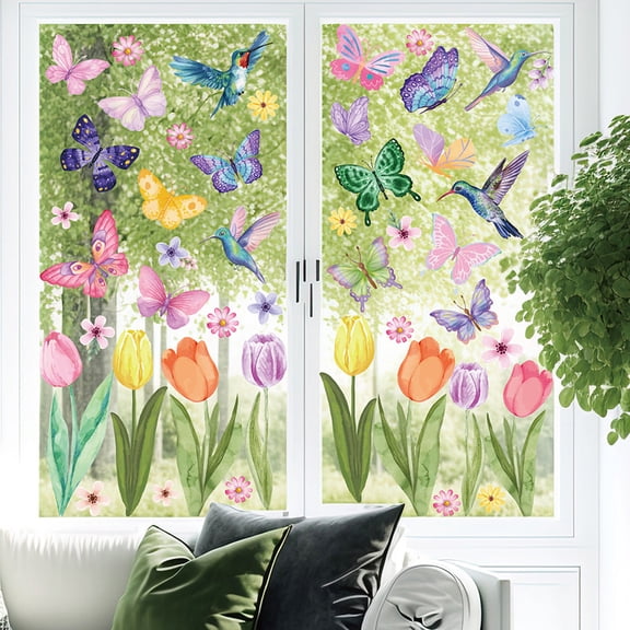 Homerr Spring Window Cling Reusable Window Decals 8 Sheets/Set Spring Window Colorful Flower Hummingbird Butterflies Waterproof PVC Double-sided Home Office Static Glass