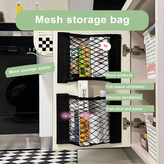 Homerr Storage Net Bag Cabinet Door Storage Bag Storage Net with Fastener Hollow Visible Plastic Wrap Sundries Organizer Mesh Pouch