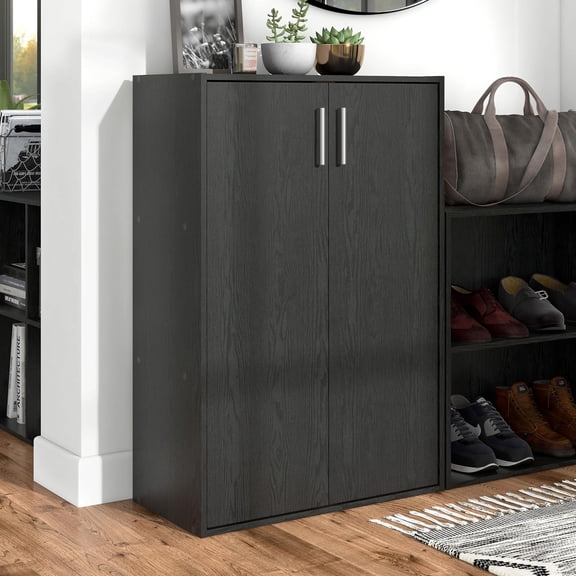 Homes: Inside + Out Apexa 3-Tier Stackable Wood Bookcase with Doors, Cube Storage Organizer Shelves, Small Food Pantry Cabinet, Dorm Teen Room Decor & Bedroom, Home Office, Kitchen, Black