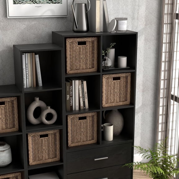 Homes: Inside + Out Apexa 6-Cube Storage Organizer Shelves, Stackable Wood Bookcase Fits Cubby Bins for Organization, Dorm Teen Room Decor & Home Office, Black