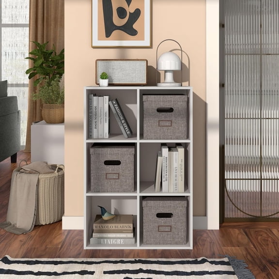 Homes: Inside + Out Apexa 6 Cube Storage Organizer Shelves, Stackable Wood Bookcase Fits Cubby Bins for Organization, Dorm Teen Room Decor & Home Office, Taupe Grey