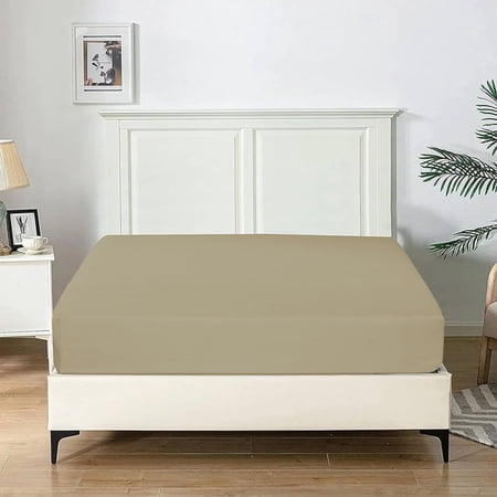 Homes Perception 100% Jersey Cotton Fitted Sheet, 16" Deep Pocket, Full Beige