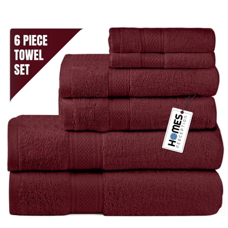Homes Perception 6 Pack Towels and Washcloths, 100% Cotton Solid Print Burgundy